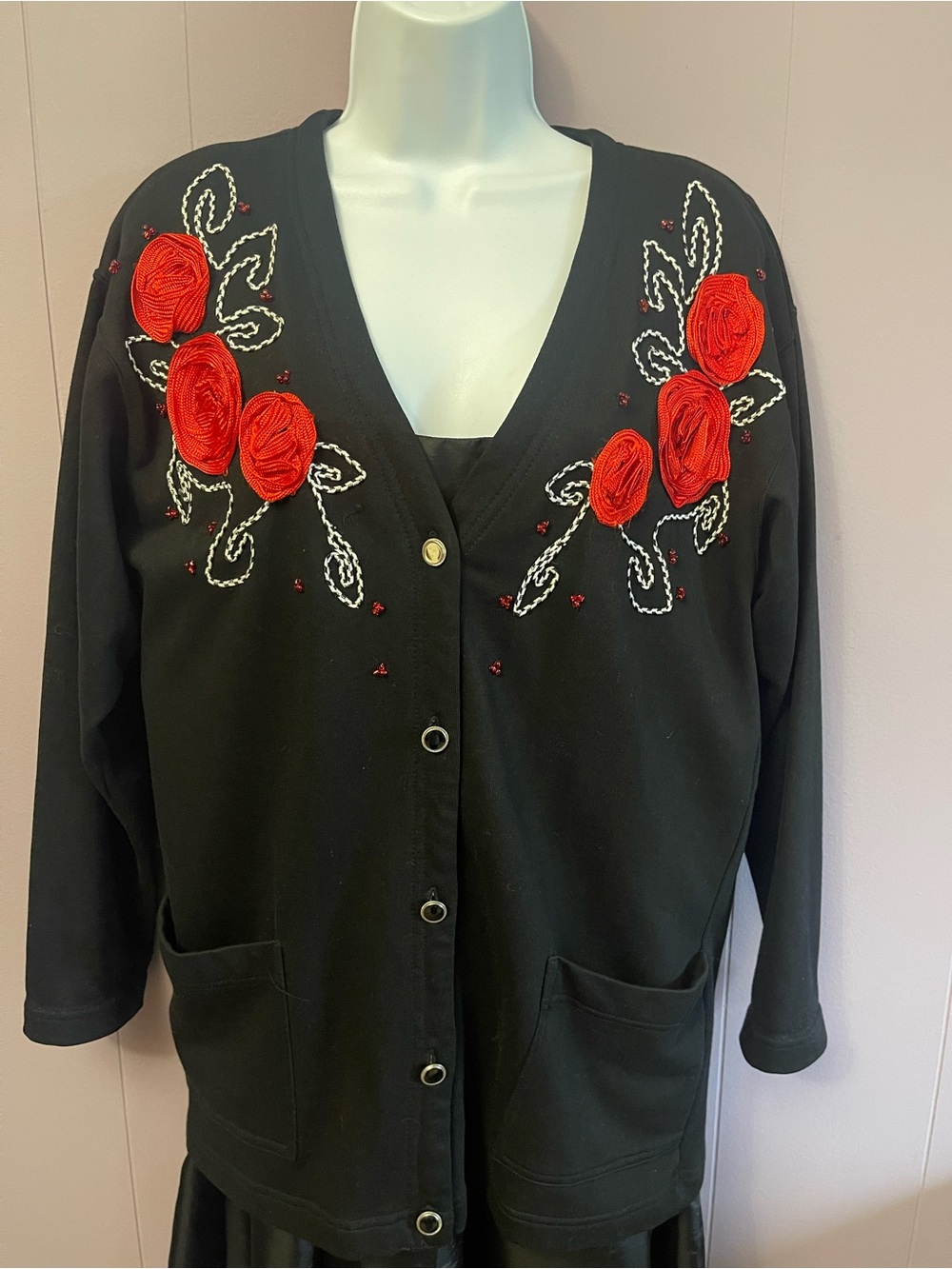 Carole Little Black Cardigan with Red Rose Embroidery